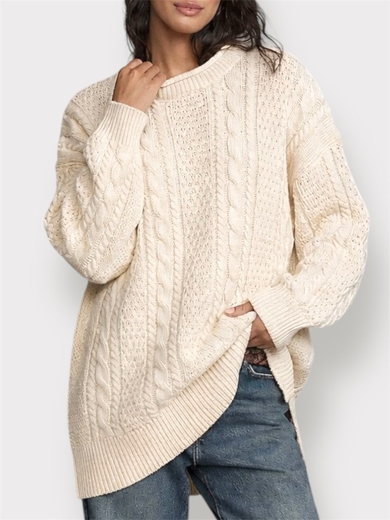 Cotton Ginny Sweaters - Vintage 90s Cotton Ginny Plus Cream Cotton Cable Knit Mock Neck Sweater S/M